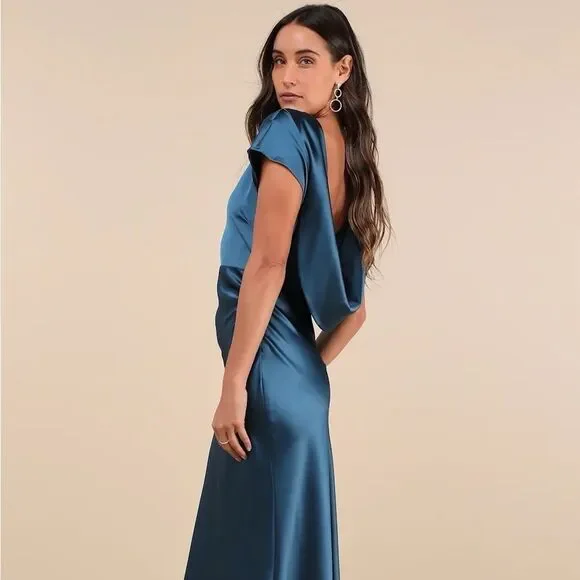 Lulus Captivating Presence Dark Teal Satin Cowl Back Maxi Dress Size Small NEW - Picture 12 of 12